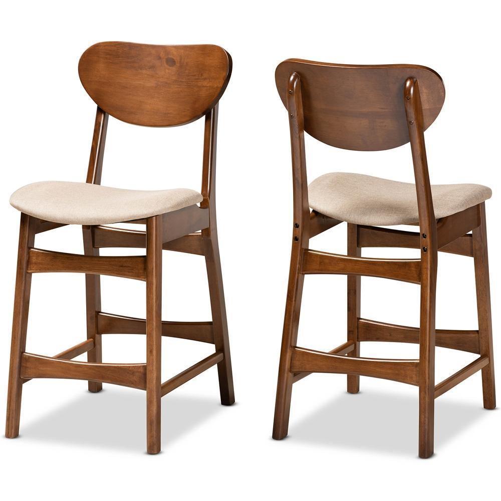 Katya Mid-Century Modern Sand Fabric Upholstered and Walnut Brown Finished Wood 2-Piece Counter Stool Set FredCo
