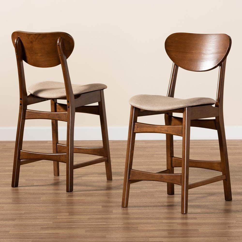 Katya Mid-Century Modern Sand Fabric Upholstered and Walnut Brown Finished Wood 2-Piece Counter Stool Set FredCo