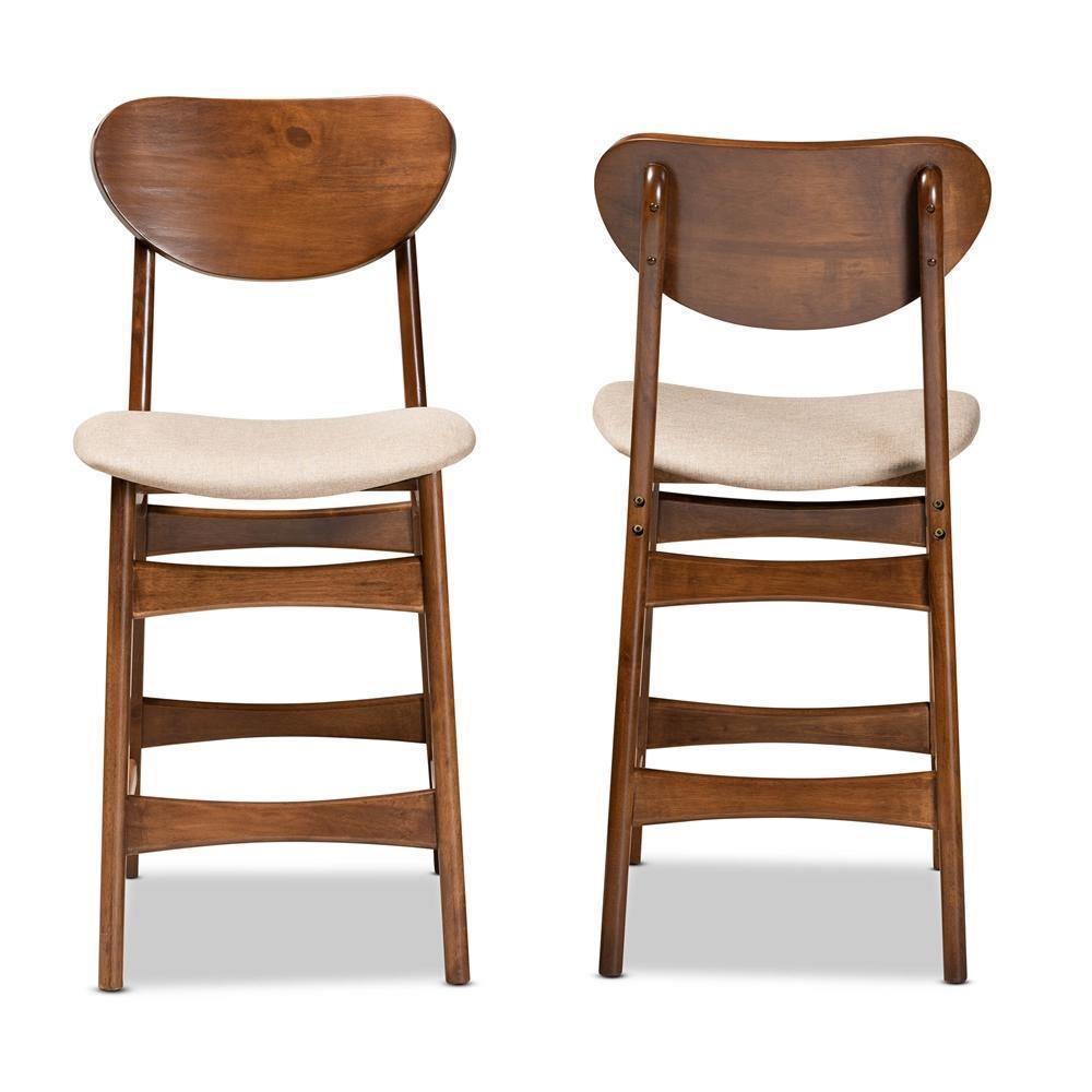 Katya Mid-Century Modern Sand Fabric Upholstered and Walnut Brown Finished Wood 2-Piece Counter Stool Set FredCo