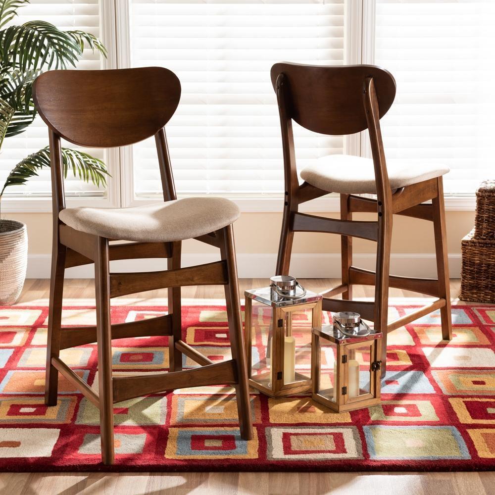 Katya Mid-Century Modern Sand Fabric Upholstered and Walnut Brown Finished Wood 2-Piece Counter Stool Set FredCo