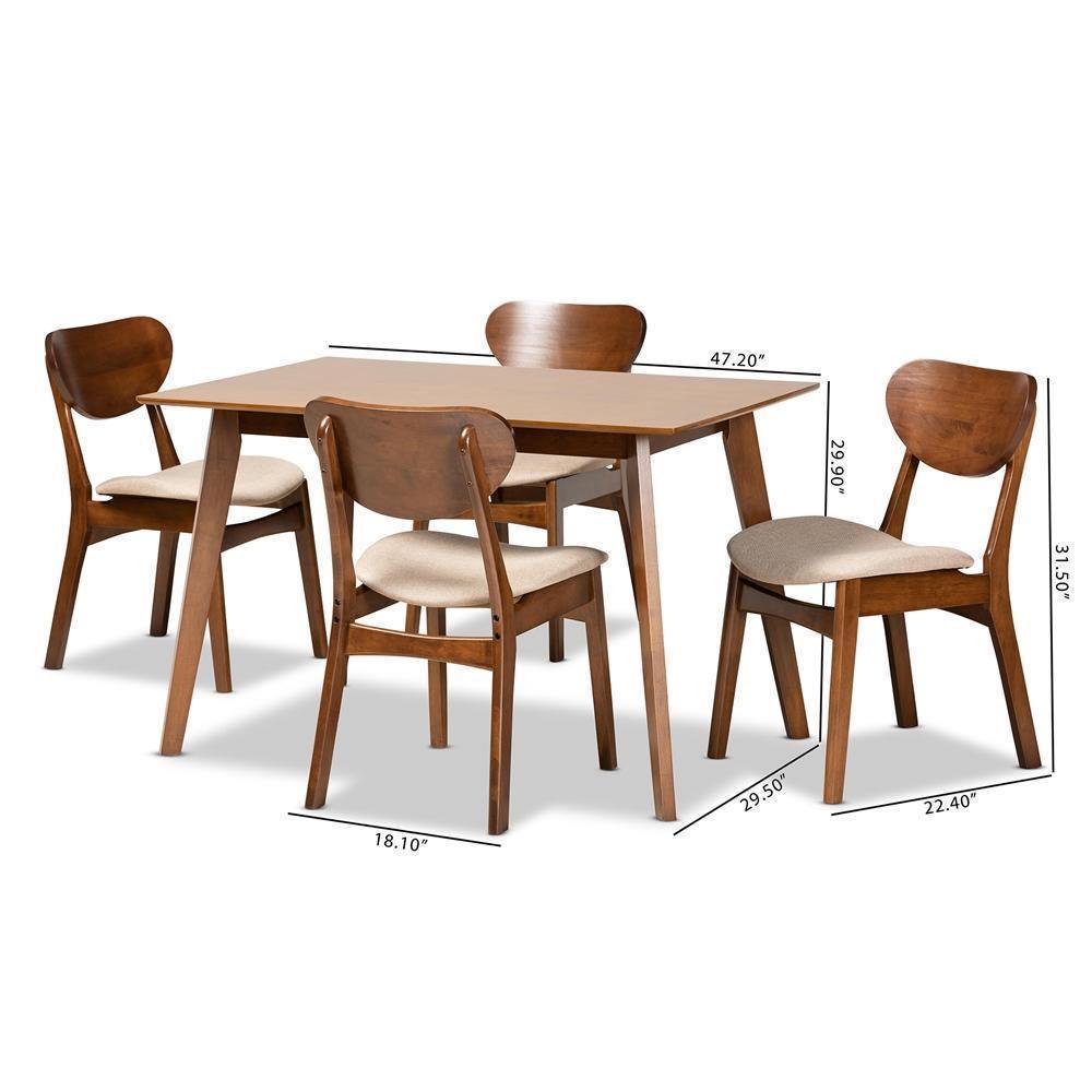 Katya Mid-Century Modern Sand Fabric Upholstered and Walnut Brown Finished Wood 5-Piece Dining Set FredCo