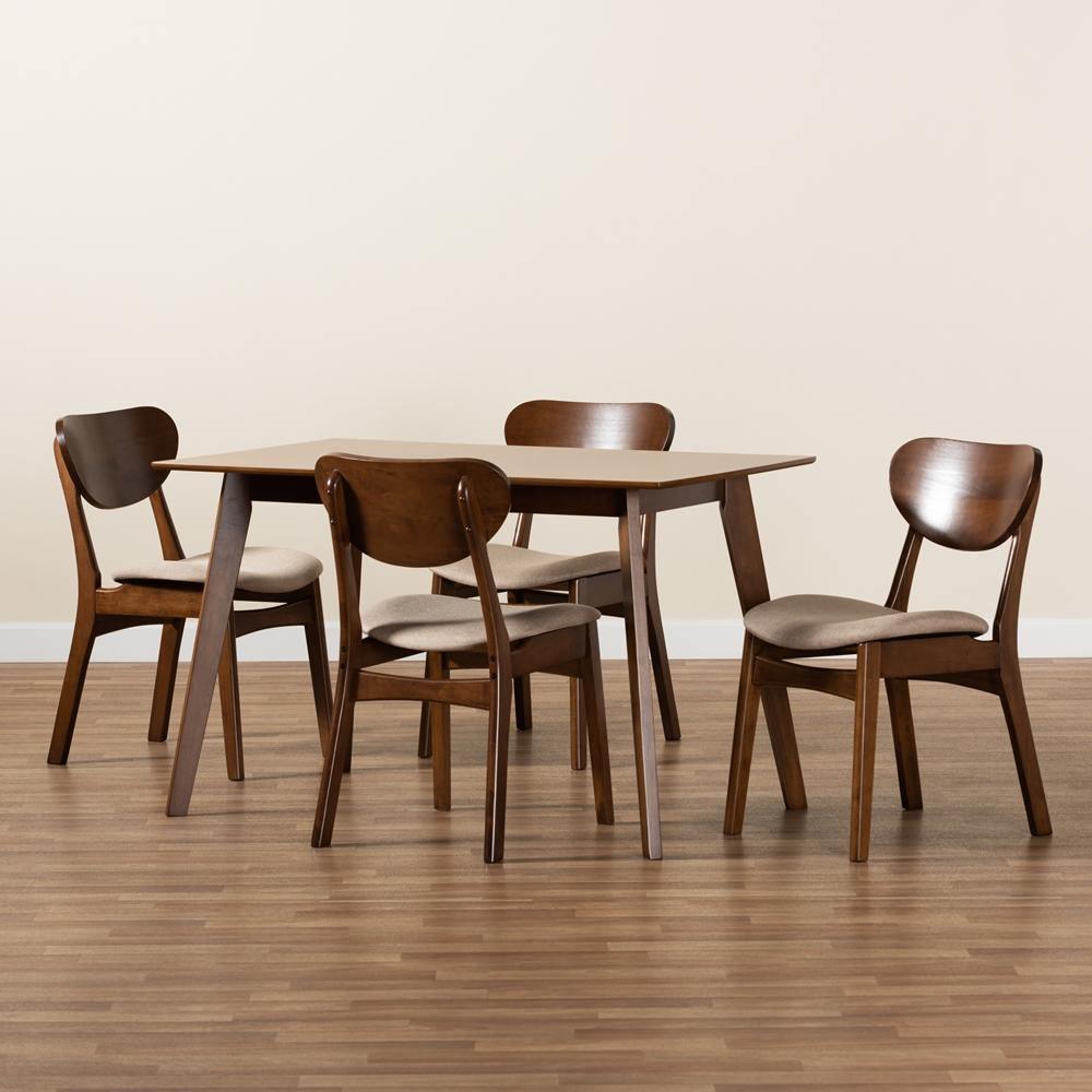 Katya Mid-Century Modern Sand Fabric Upholstered and Walnut Brown Finished Wood 5-Piece Dining Set FredCo