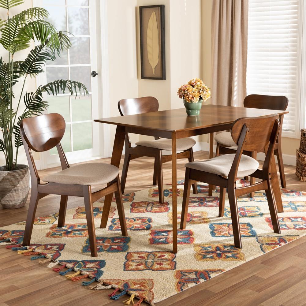 Katya Mid-Century Modern Sand Fabric Upholstered and Walnut Brown Finished Wood 5-Piece Dining Set FredCo