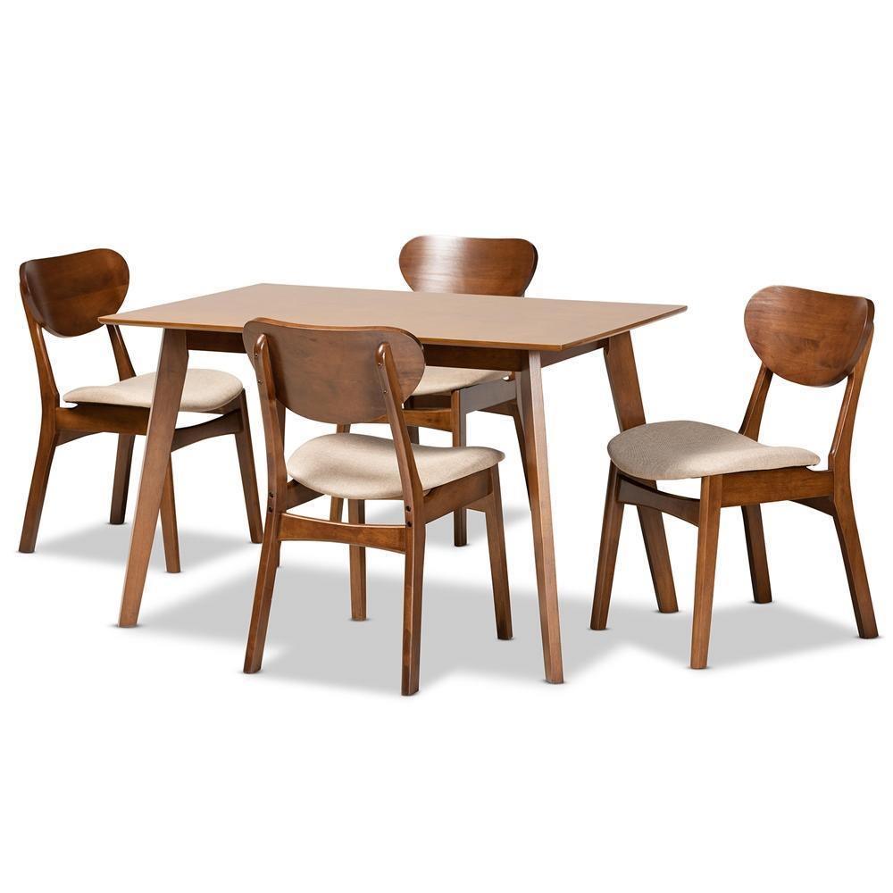 Katya Mid-Century Modern Sand Fabric Upholstered and Walnut Brown Finished Wood 5-Piece Dining Set FredCo