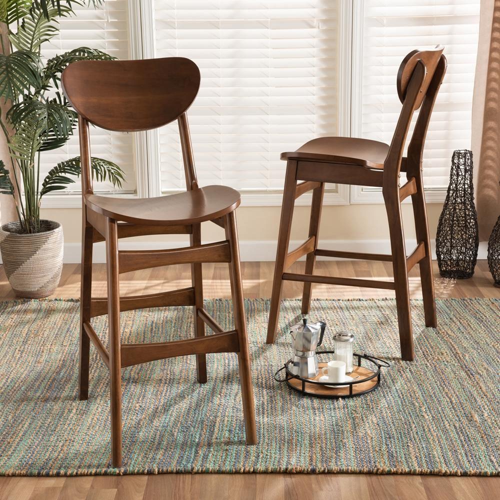 Katya Mid-Century Modern Walnut Brown Finished Wood 2-Piece Bar Stool Set FredCo