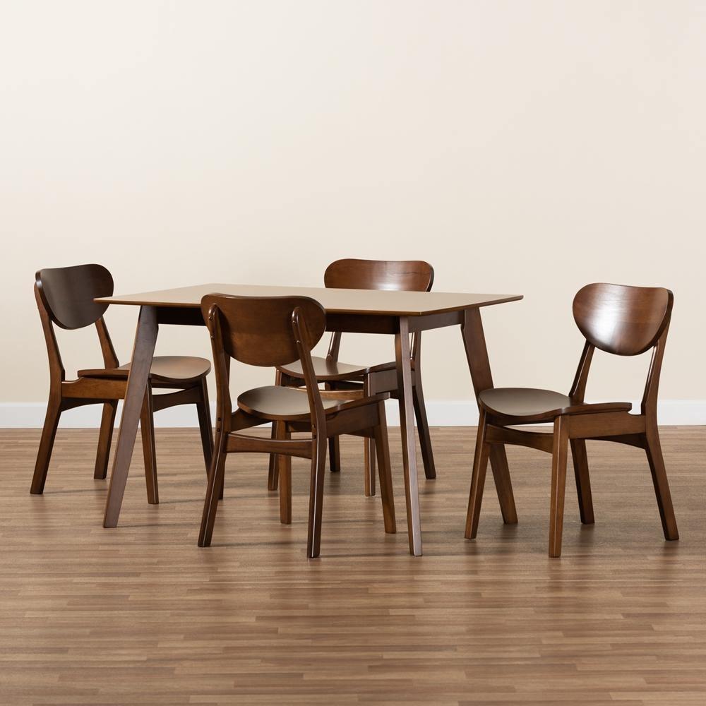 Katya Mid-Century Modern Walnut Brown Finished Wood 5-Piece Dining Set FredCo