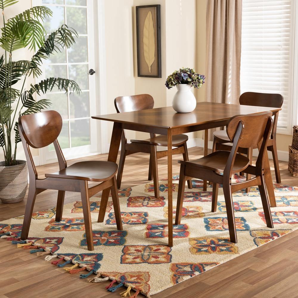 Katya Mid-Century Modern Walnut Brown Finished Wood 5-Piece Dining Set FredCo