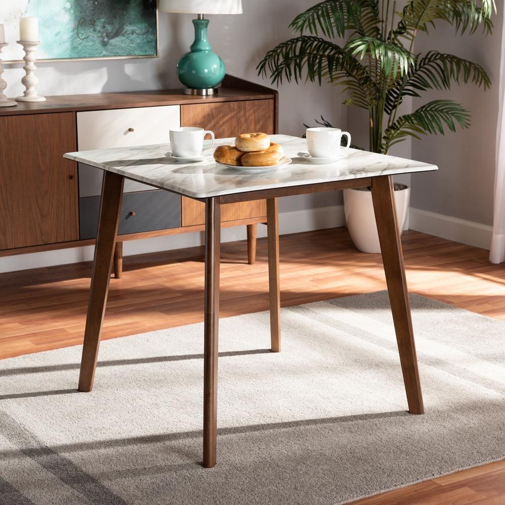 Kaylee Mid-Century Modern Transitional Walnut Brown Finished Wood Dining Table with Faux Marble Tabletop FredCo