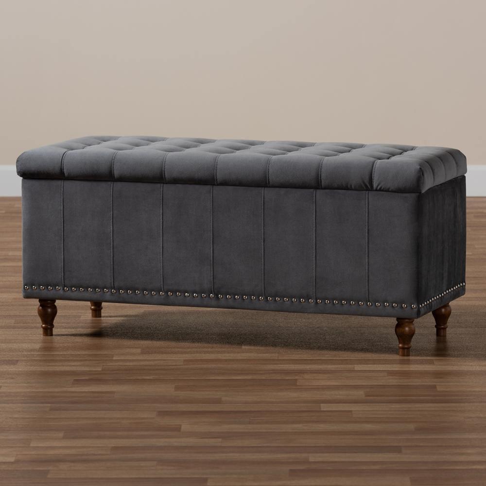 Kaylee Modern and Contemporary Grey Velvet Fabric Upholstered Button-Tufted Storage Ottoman Bench FredCo