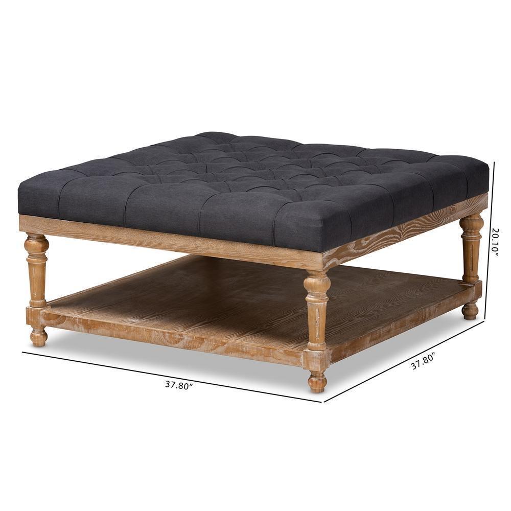 Kelly Modern and Rustic Charcoal Linen Fabric Upholstered and Greywashed Wood Cocktail Ottoman FredCo