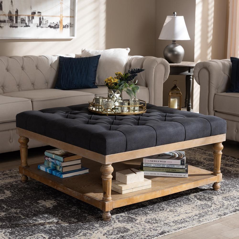 Kelly Modern and Rustic Charcoal Linen Fabric Upholstered and Greywashed Wood Cocktail Ottoman FredCo