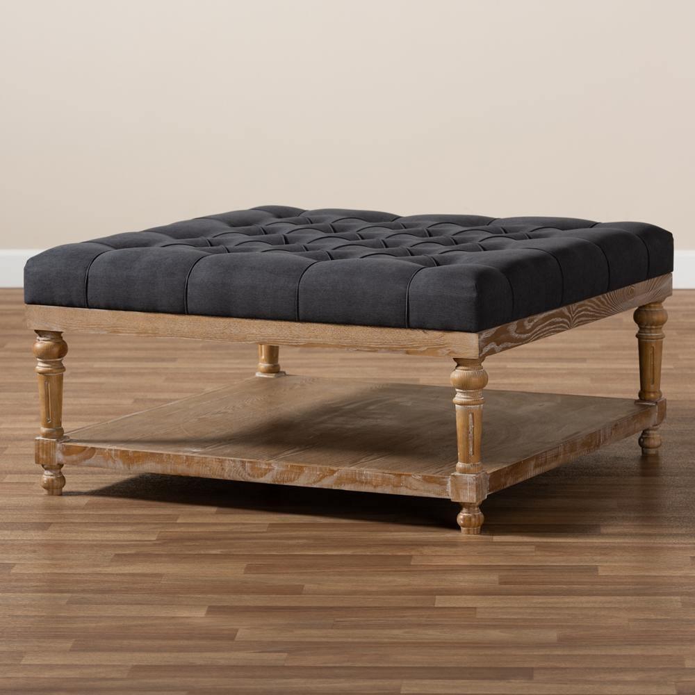Kelly Modern and Rustic Charcoal Linen Fabric Upholstered and Greywashed Wood Cocktail Ottoman FredCo
