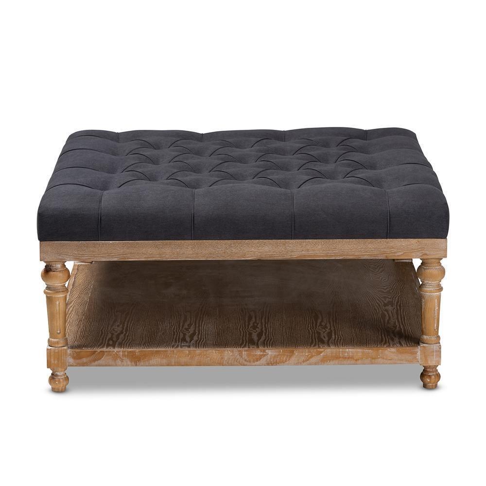 Kelly Modern and Rustic Charcoal Linen Fabric Upholstered and Greywashed Wood Cocktail Ottoman FredCo