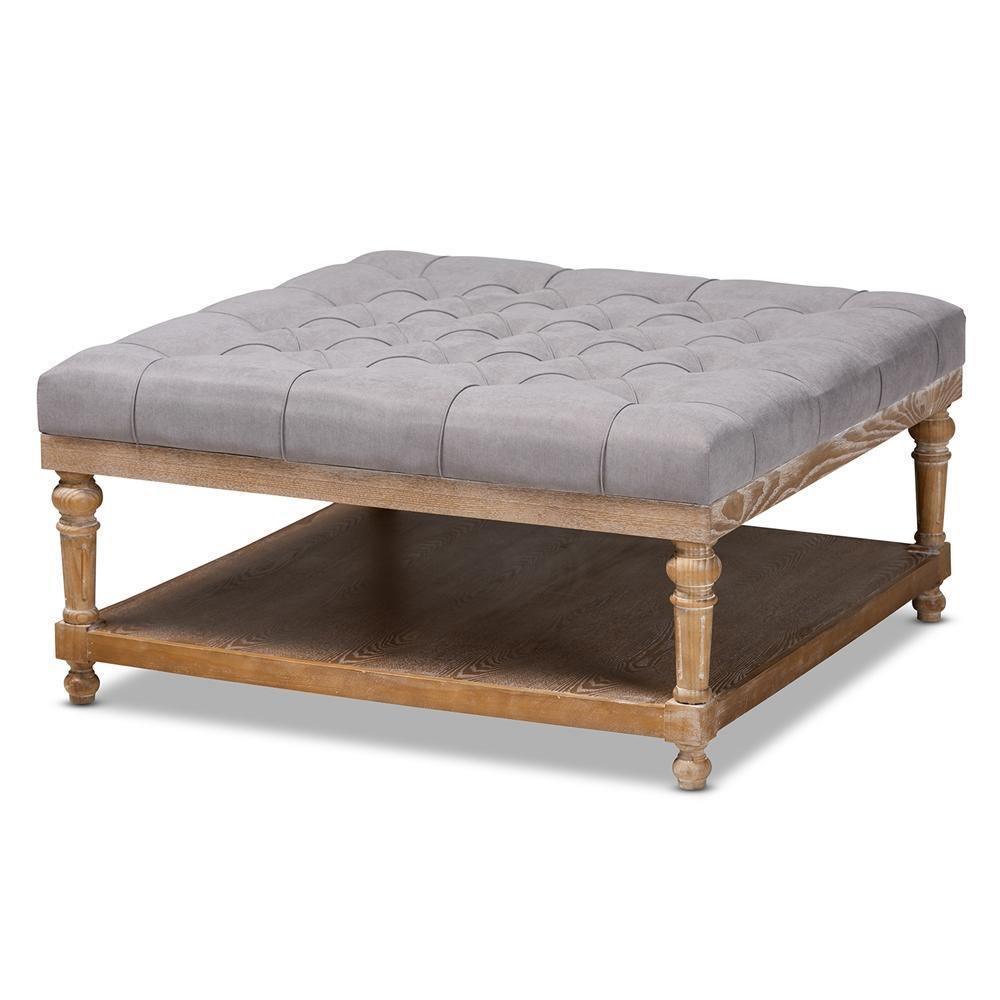 Kelly Modern and Rustic Grey Linen Fabric Upholstered and Greywashed Wood Cocktail Ottoman FredCo