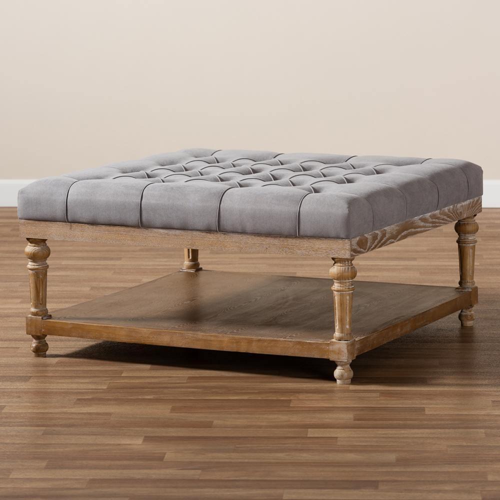 Kelly Modern and Rustic Grey Linen Fabric Upholstered and Greywashed Wood Cocktail Ottoman FredCo