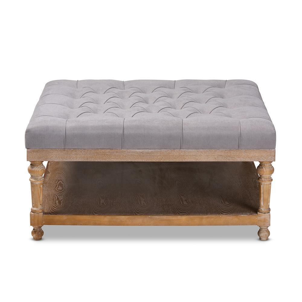 Kelly Modern and Rustic Grey Linen Fabric Upholstered and Greywashed Wood Cocktail Ottoman FredCo