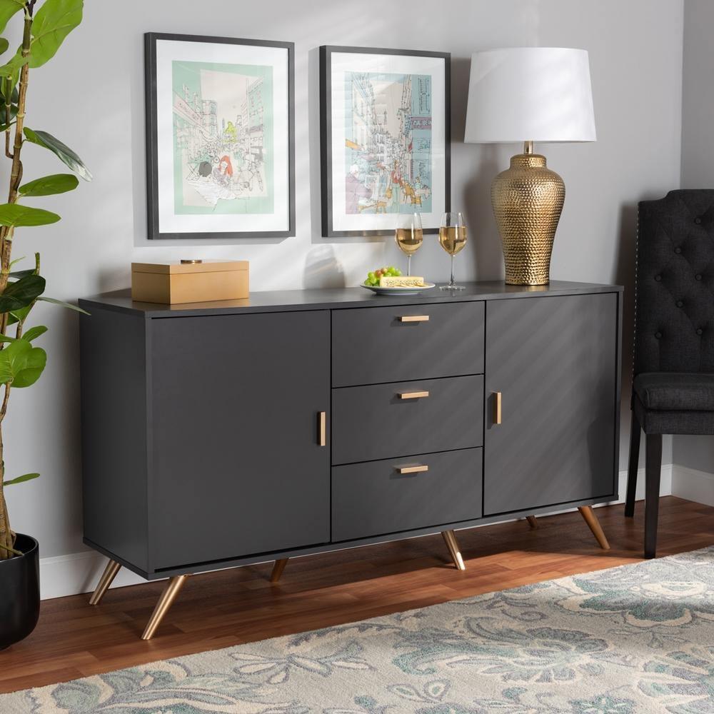 Kelson Modern and Contemporary Dark Grey and Gold Finished Wood 2-Door Sideboard Buffet FredCo