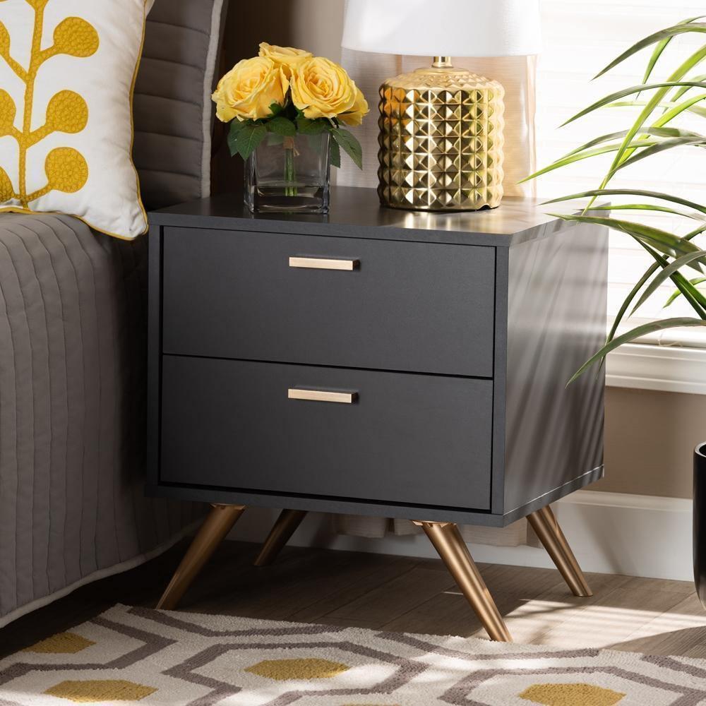 Kelson Modern and Contemporary Dark Grey and Gold Finished Wood 2-Drawer Nightstand FredCo