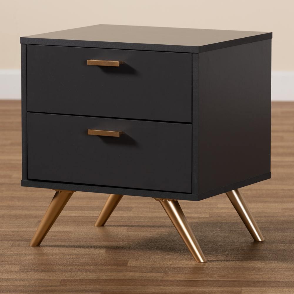 Kelson Modern and Contemporary Dark Grey and Gold Finished Wood 2-Drawer Nightstand FredCo