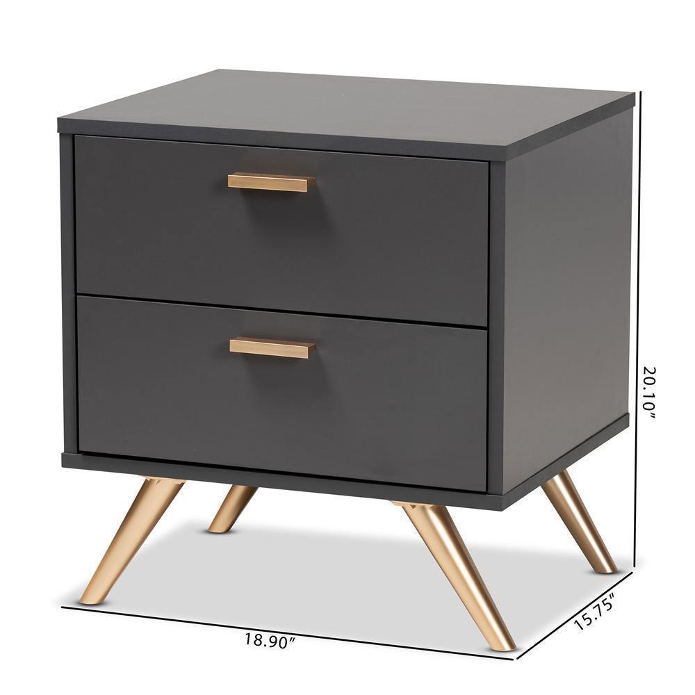 Kelson Modern and Contemporary Dark Grey and Gold Finished Wood 2-Drawer Nightstand FredCo