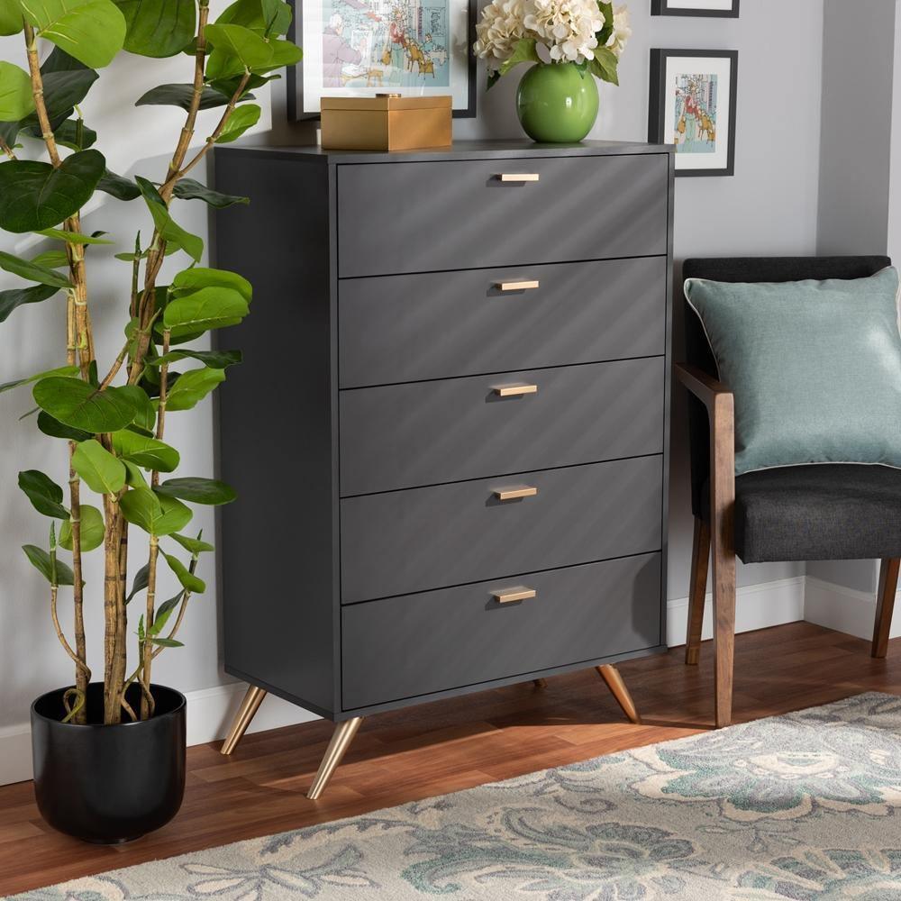 Kelson Modern and Contemporary Dark Grey and Gold Finished Wood 5-Drawer Chest FredCo