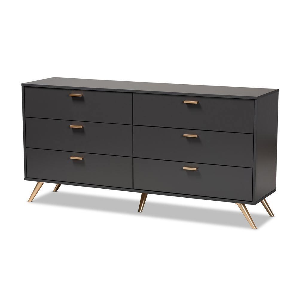 Kelson Modern and Contemporary Dark Grey and Gold Finished Wood 6-Drawer Dresser | Baxton Studio