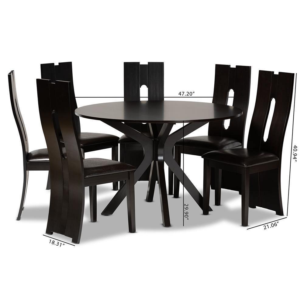 Kenyon Modern and Contemporary Dark Brown Faux Leather Upholstered and Dark Brown Finished Wood 7-Piece Dining Set FredCo
