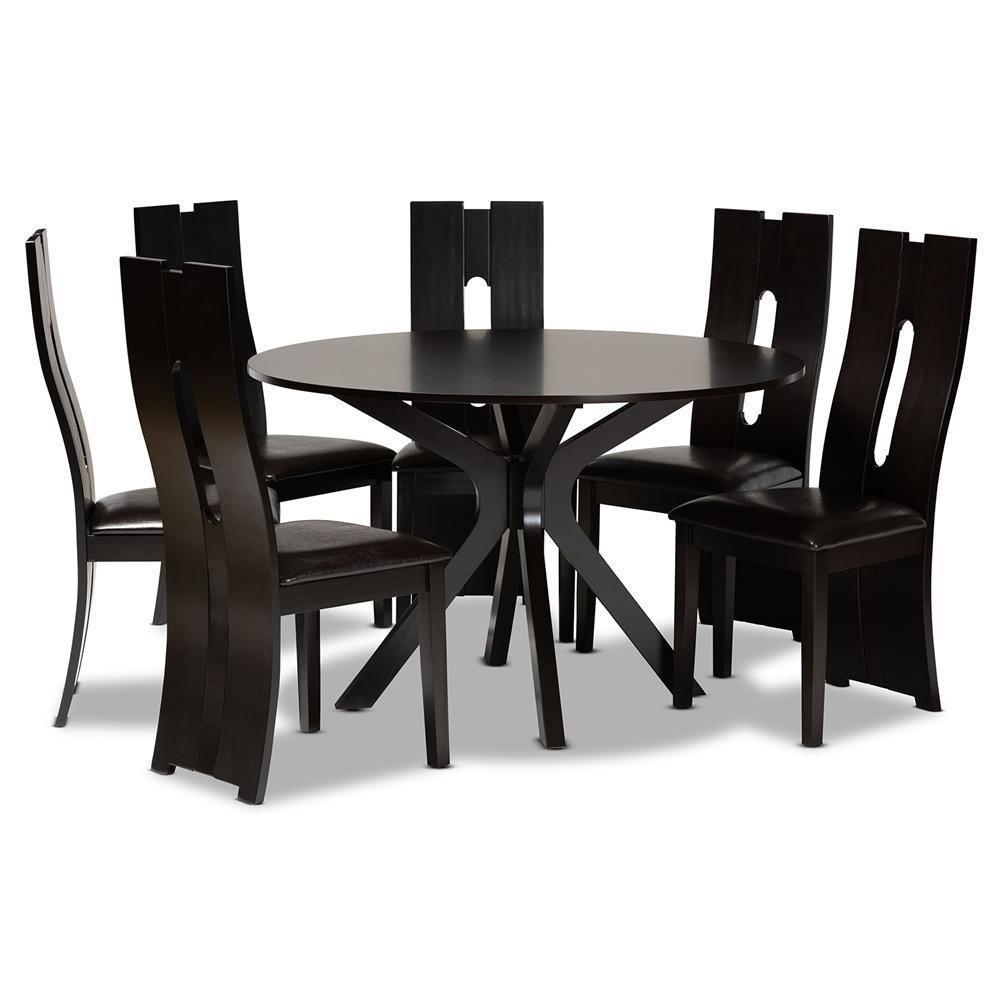 Kenyon Modern and Contemporary Dark Brown Faux Leather Upholstered and Dark Brown Finished Wood 7-Piece Dining Set FredCo