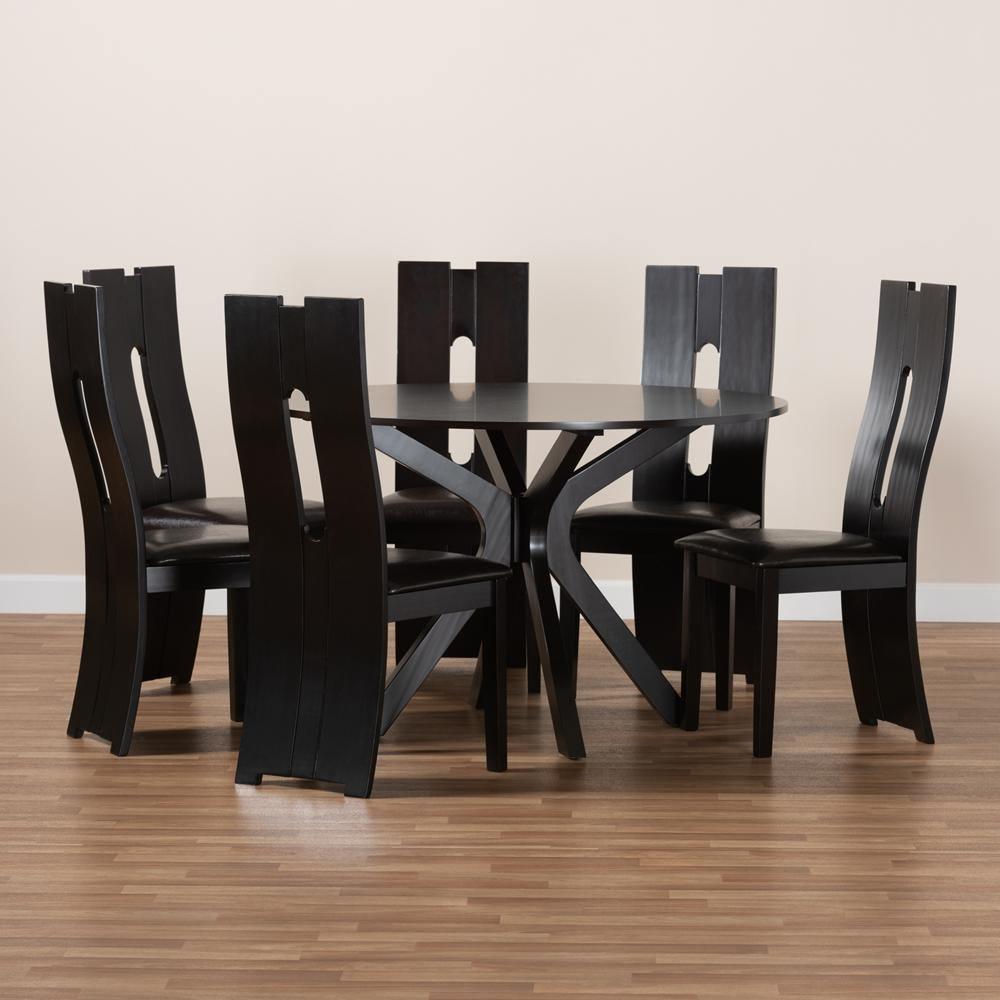 Kenyon Modern and Contemporary Dark Brown Faux Leather Upholstered and Dark Brown Finished Wood 7-Piece Dining Set FredCo