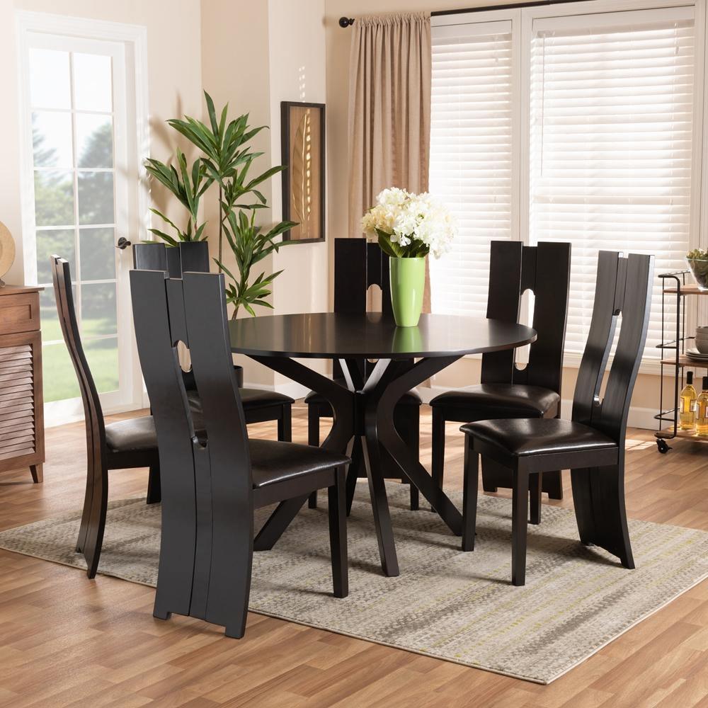 Kenyon Modern and Contemporary Dark Brown Faux Leather Upholstered and Dark Brown Finished Wood 7-Piece Dining Set FredCo
