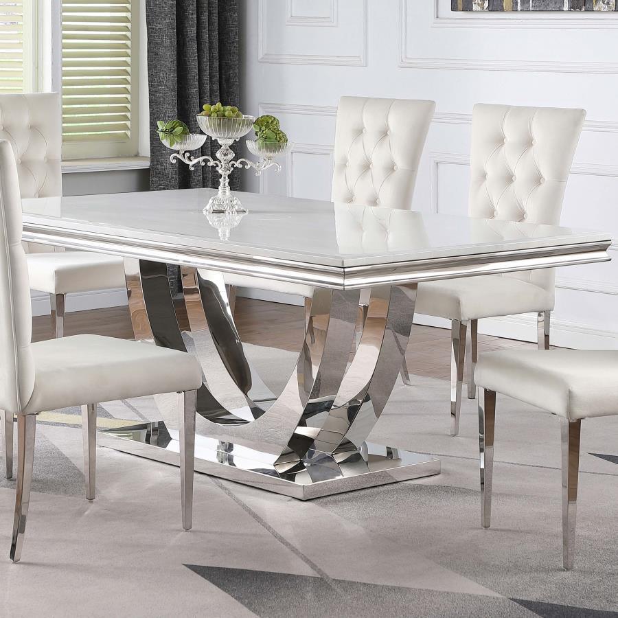 Kerwin Rectangle Faux Marble Top Dining Table White and Chrome 111101 Coaster FredCo