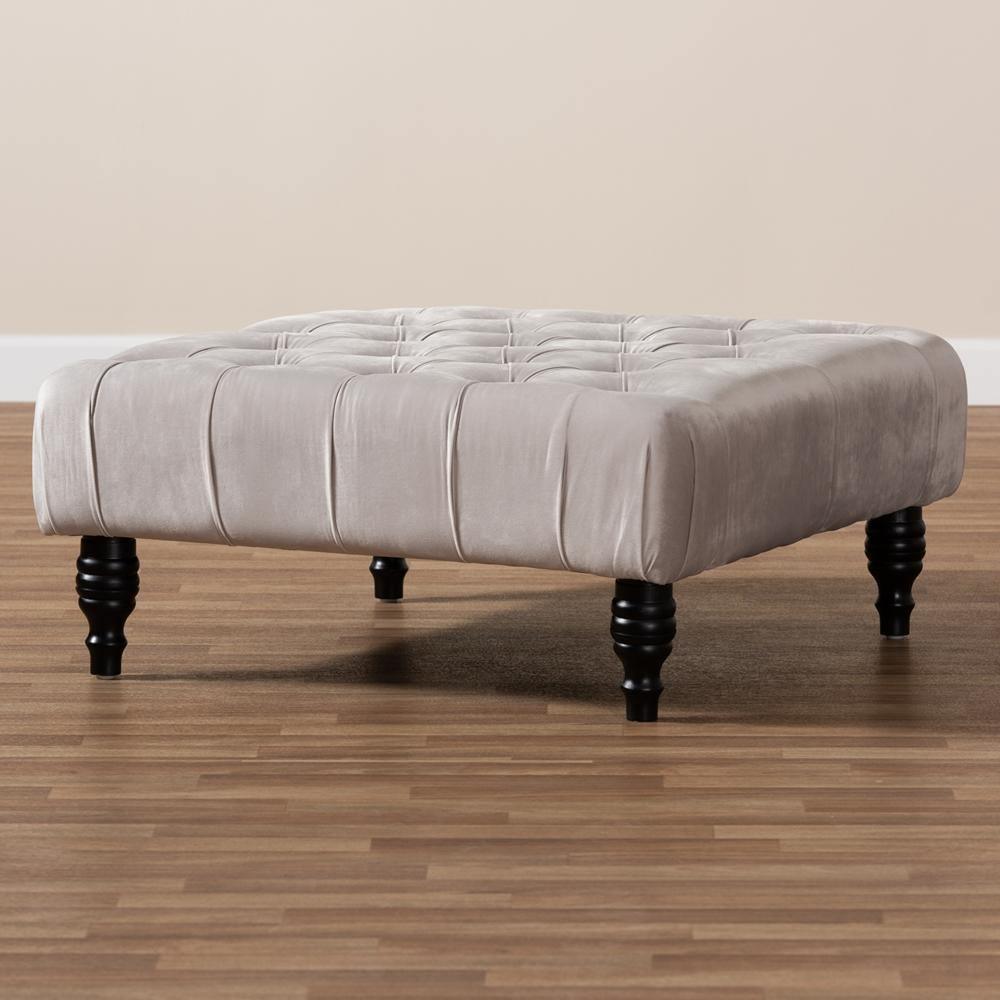Keswick Transitional Grey Velvet Fabric Upholstered Button Tufted Cocktail Ottoman FredCo