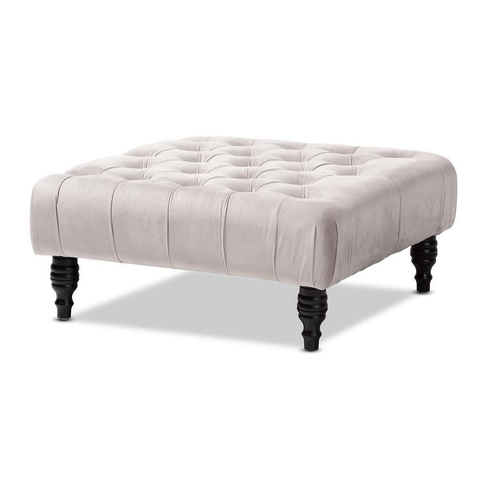 Keswick Transitional Grey Velvet Fabric Upholstered Button Tufted Cocktail Ottoman FredCo