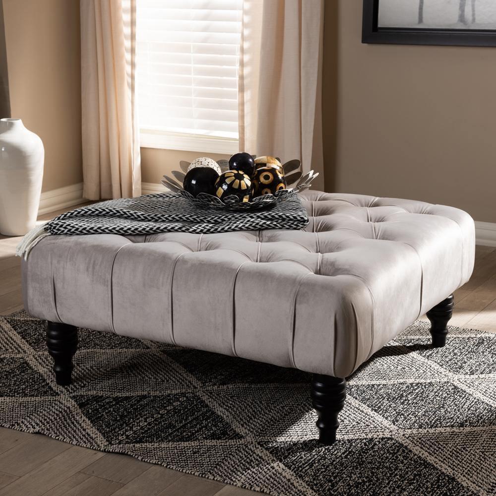 Keswick Transitional Grey Velvet Fabric Upholstered Button Tufted Cocktail Ottoman FredCo
