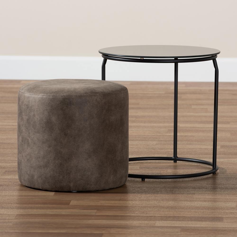 Kira Modern and Contemporary Black with Grey and Brown 2-Piece Nesting Table and Ottoman Set FredCo
