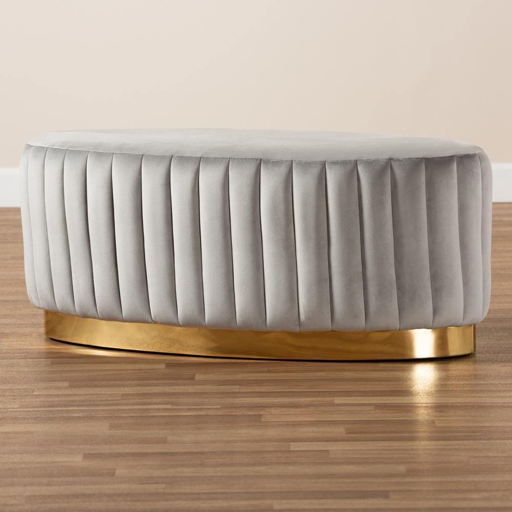 Kirana Glam and Luxe Grey Velvet Fabric Upholstered and Gold PU Leather Ottoman FredCo