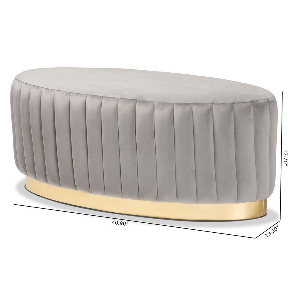Kirana Glam and Luxe Grey Velvet Fabric Upholstered and Gold PU Leather Ottoman FredCo