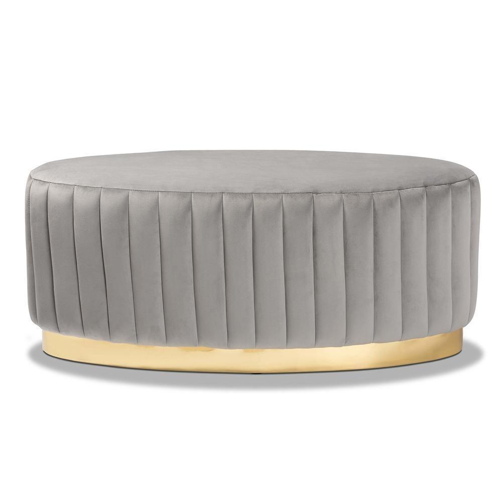 Kirana Glam and Luxe Grey Velvet Fabric Upholstered and Gold PU Leather Ottoman FredCo