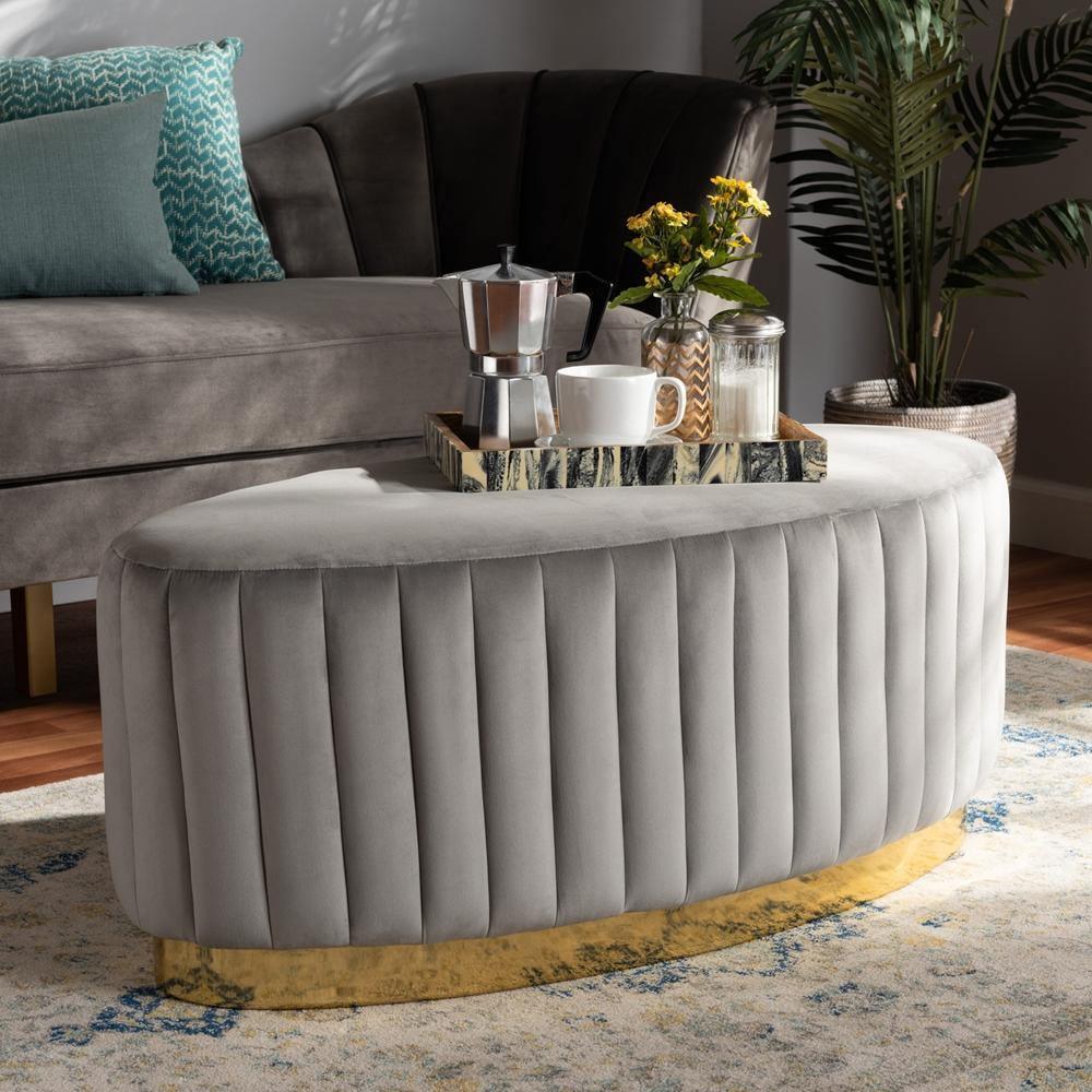 Kirana Glam and Luxe Grey Velvet Fabric Upholstered and Gold PU Leather Ottoman FredCo