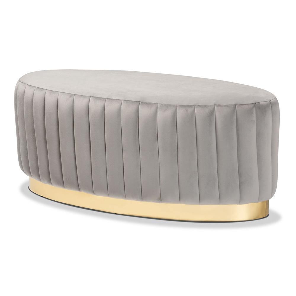 Kirana Glam and Luxe Grey Velvet Fabric Upholstered and Gold PU Leather Ottoman FredCo