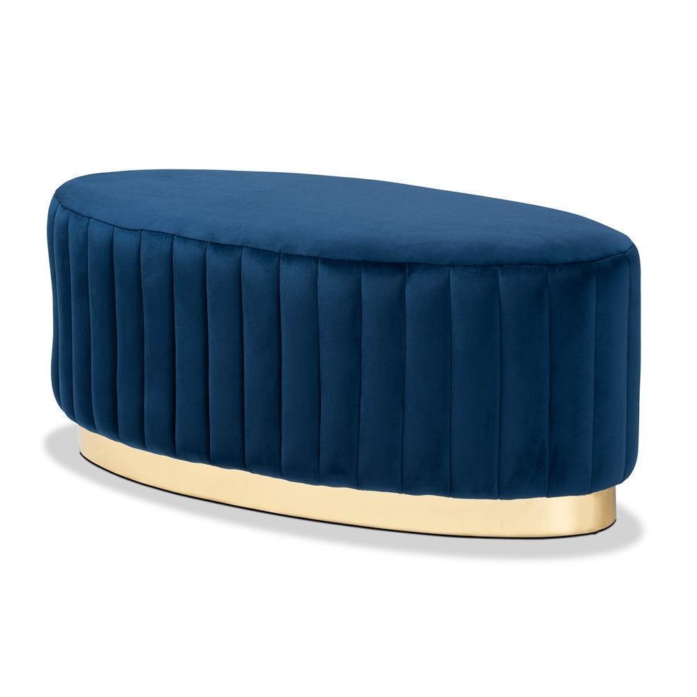 Kirana Glam and Luxe Navy Blue Velvet Fabric Upholstered and Gold PU Leather Ottoman FredCo