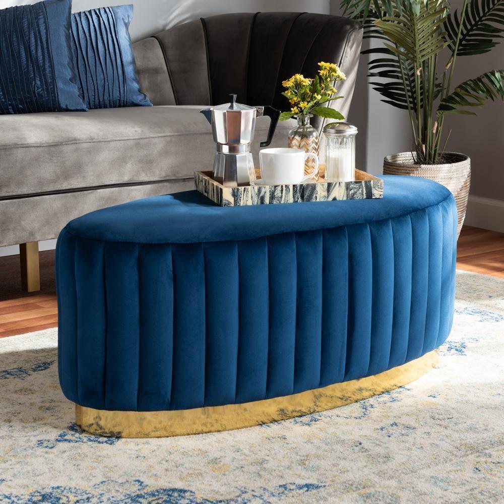 Kirana Glam and Luxe Navy Blue Velvet Fabric Upholstered and Gold PU Leather Ottoman FredCo