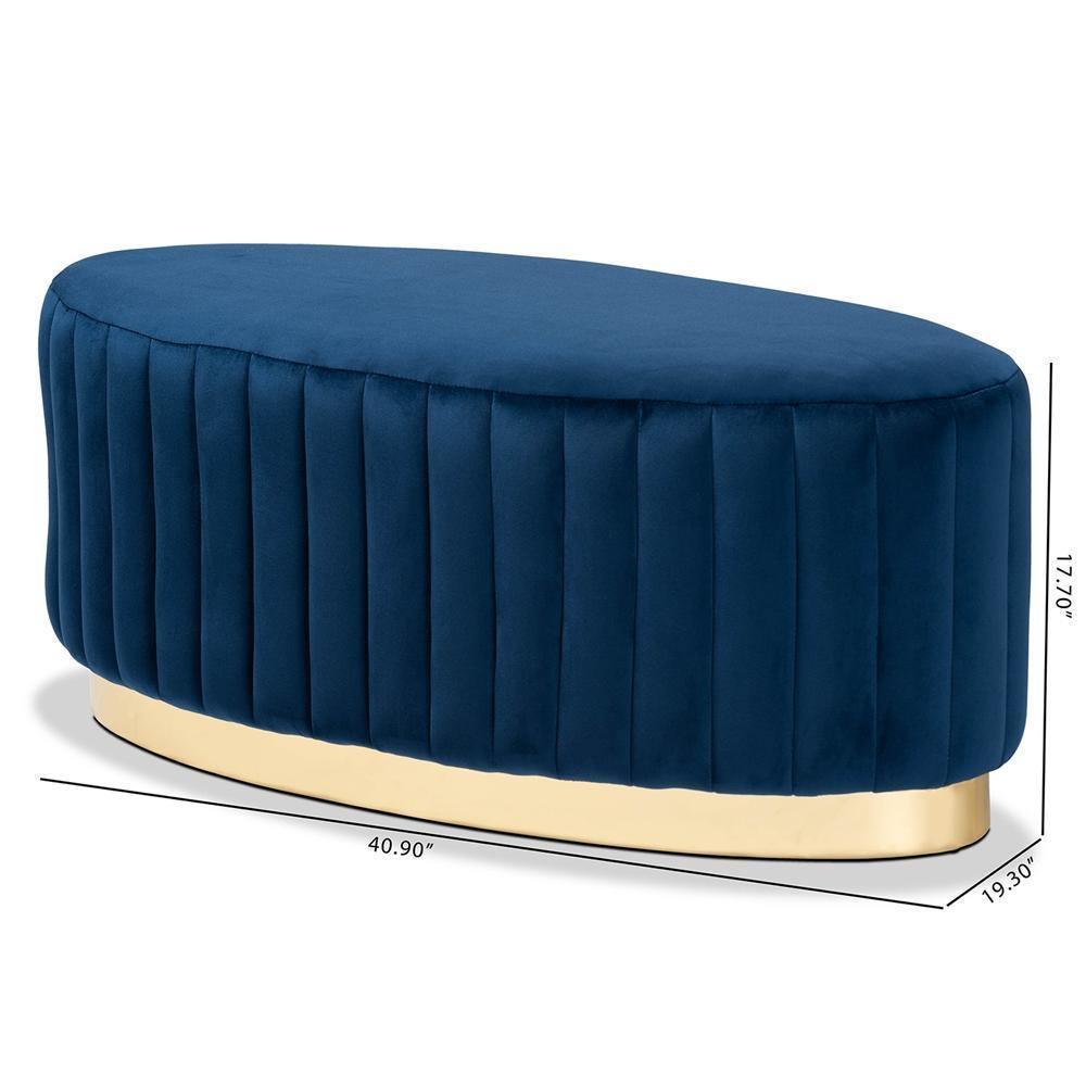 Kirana Glam and Luxe Navy Blue Velvet Fabric Upholstered and Gold PU Leather Ottoman FredCo