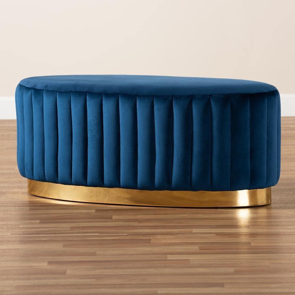 Kirana Glam and Luxe Navy Blue Velvet Fabric Upholstered and Gold PU Leather Ottoman FredCo