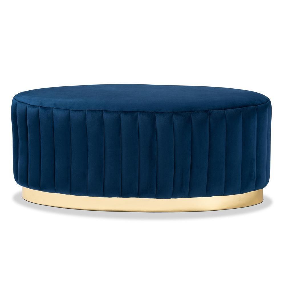 Kirana Glam and Luxe Navy Blue Velvet Fabric Upholstered and Gold PU Leather Ottoman FredCo