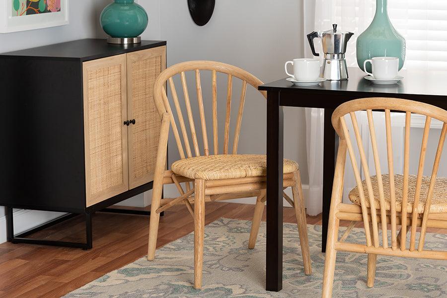 Kobe Mid-Century Modern Natural Brown Finished Wood and Rattan Dining Chair FredCo
