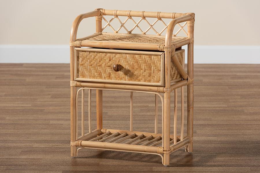 Kobie Modern Bohemian Natural Brown Rattan 1-Drawer Nightstand FredCo