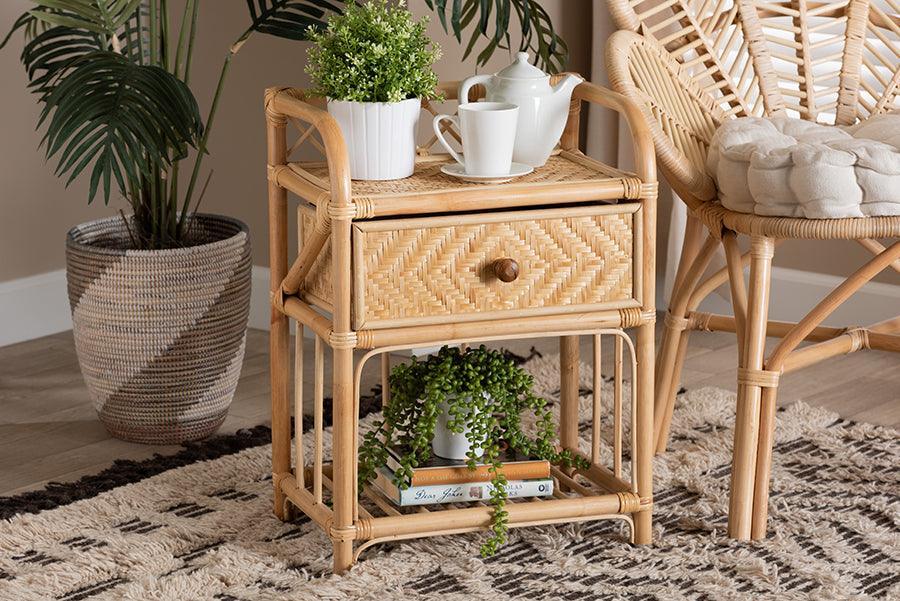 Kobie Modern Bohemian Natural Brown Rattan 1-Drawer Nightstand FredCo