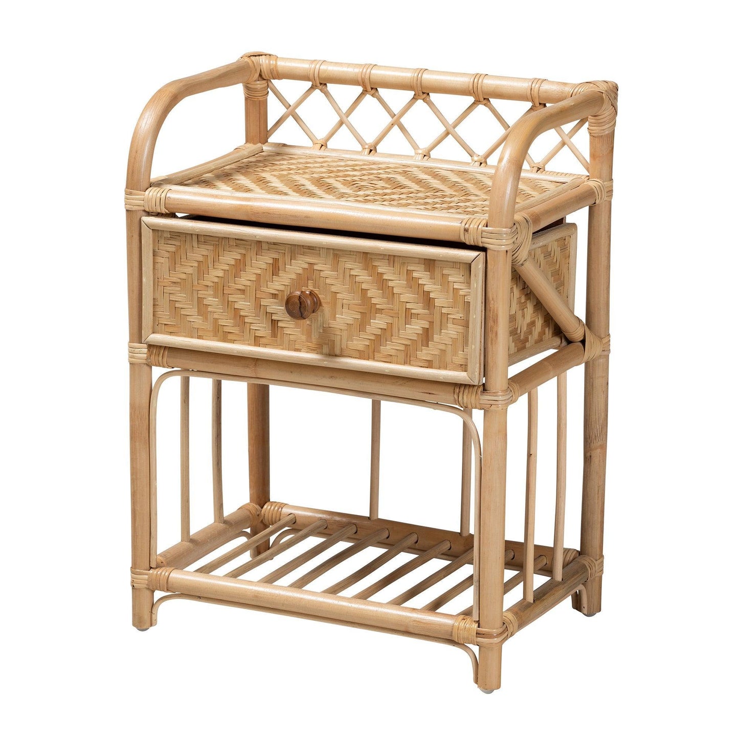 Kobie Modern Bohemian Natural Brown Rattan 1-Drawer Nightstand FredCo