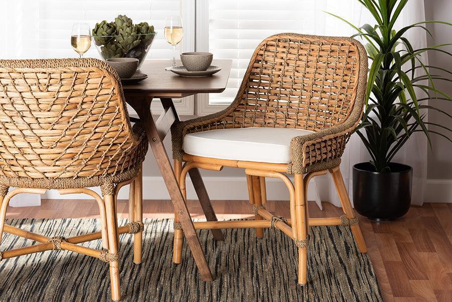Kyle Modern Bohemian Natural Brown Woven Rattan Dining Side Chair With Cushion FredCo